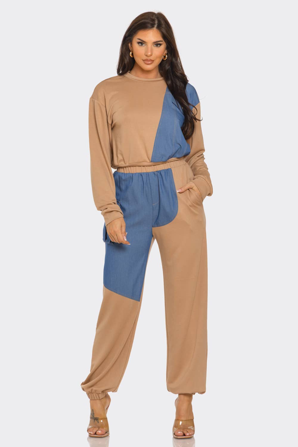 French Terry Color Block Denim Detail Top Pockets Pants Set