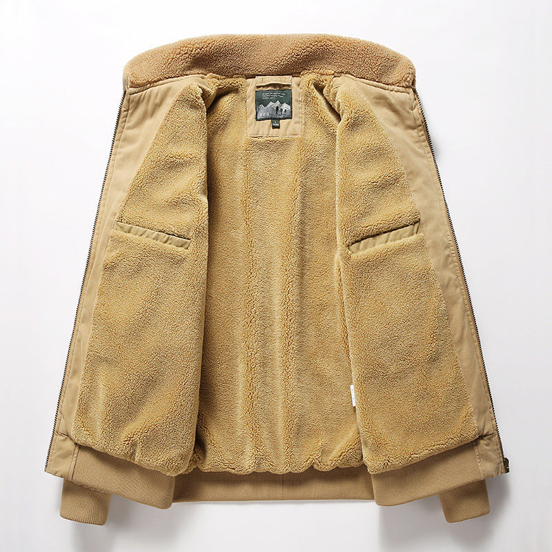 Beige sherpa fleece jacket with soft plush lining and inner pockets opened flat