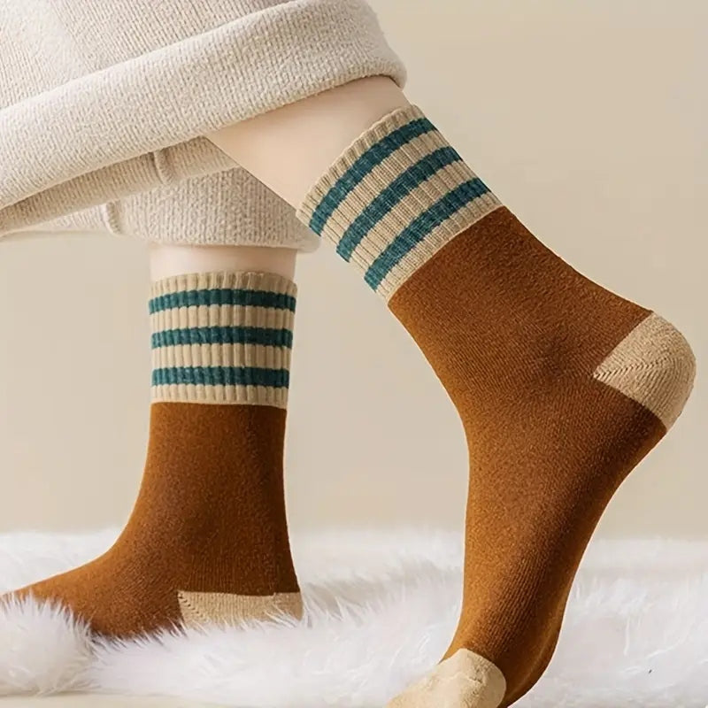 10 Pairs Oversized Thick Polar Fleece Lined Winter Socks – Vintage Striped Thermal Cotton Socks for Women & Men