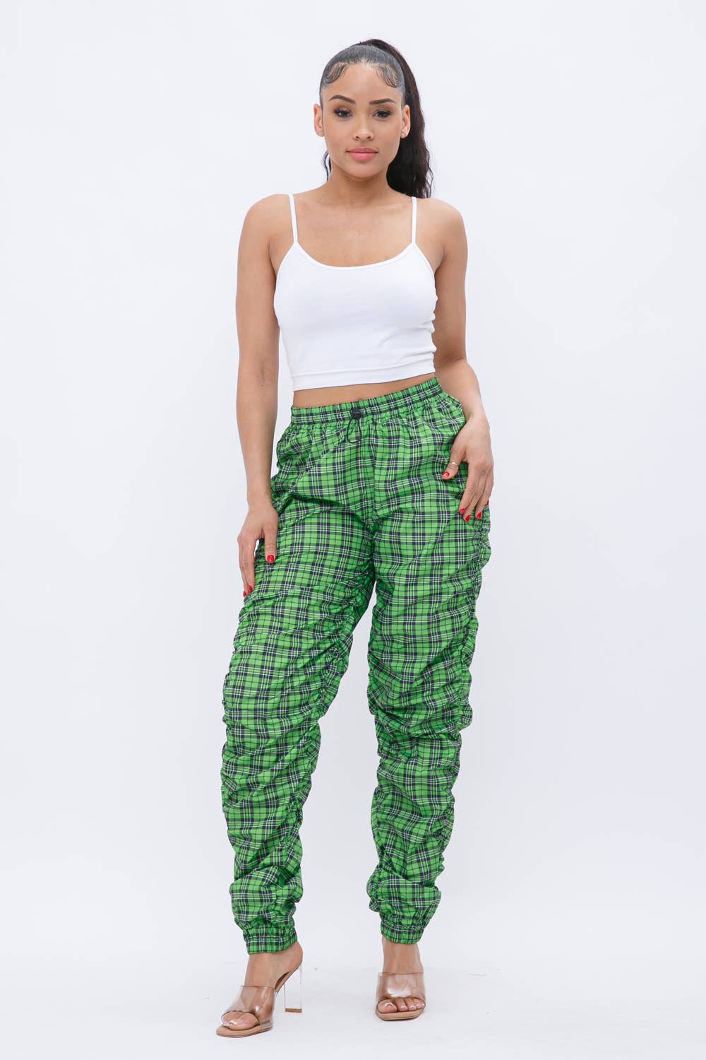 Plaid Print Wind Breaker Drawstring Shirring Jogger Pants