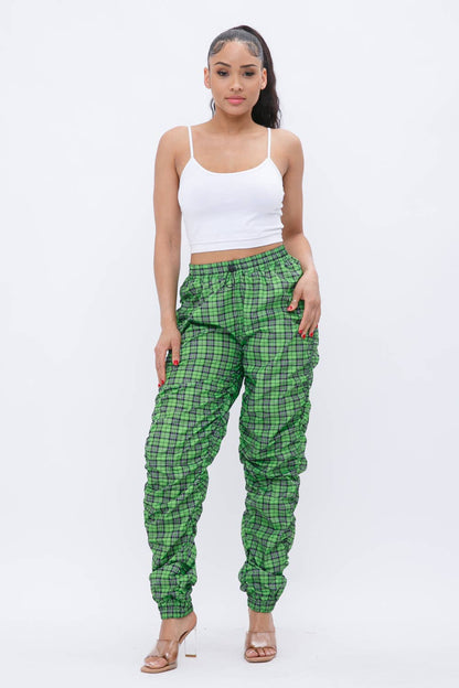 Plaid Print Wind Breaker Drawstring Shirring Jogger Pants