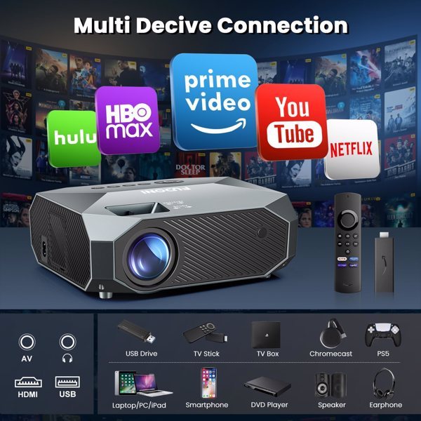 Smart home projector with remote and media stick supporting Hulu, HBO Max, Prime Video, YouTube, Netflix streaming apps