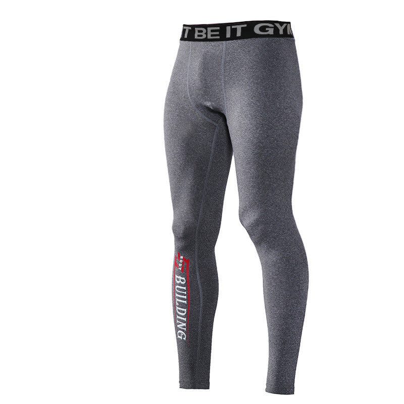 Grey gym leggings with black waistband and red bodybuilding text on left leg