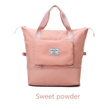 Pink powder tote bag with front pocket, dual handles, and bottom zipper compartment