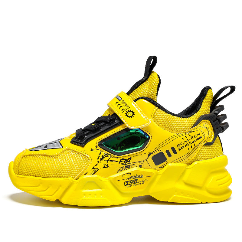 Bright yellow kids' sneaker with black and green details, mesh fabric and futuristic design