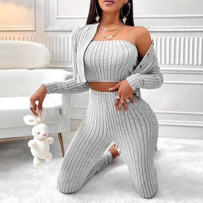 Women’s 3-Piece Casual Solid Gray Set – Top, Vest &amp; Trousers