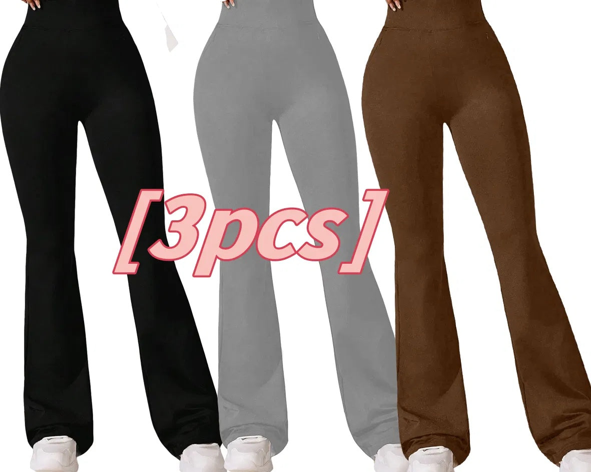 Set of three high-waisted flared pants in black, gray, and brown with white sneakers
