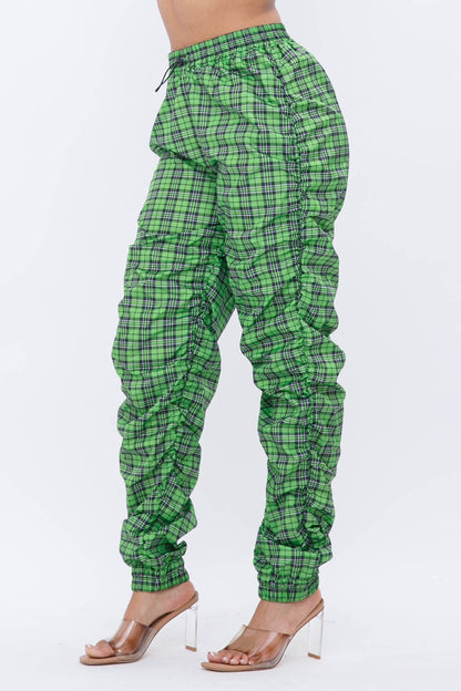 Plaid Print Wind Breaker Drawstring Shirring Jogger Pants