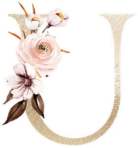 Gold textured letter U decorated with soft pink and beige watercolor flowers and green leaves