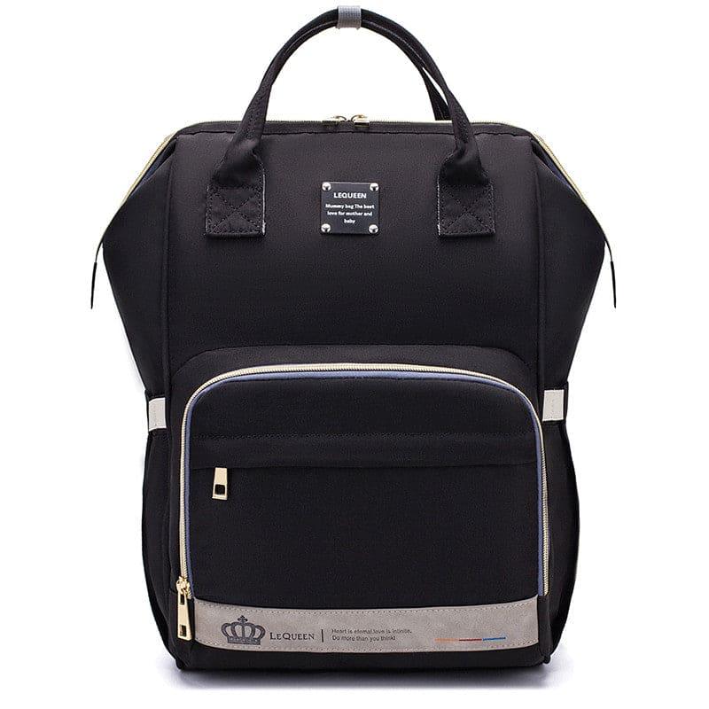 Black LEQUEEN backpack with front zipper pocket and dual top handles, stylish and functional design