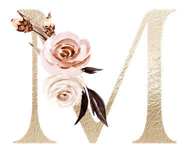Gold textured letter M adorned with soft pink and cream watercolor flowers and leaves