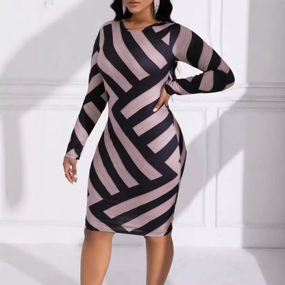 NEW Plus Size Striped Commuter Sheath Round Neck Design Sense Dress