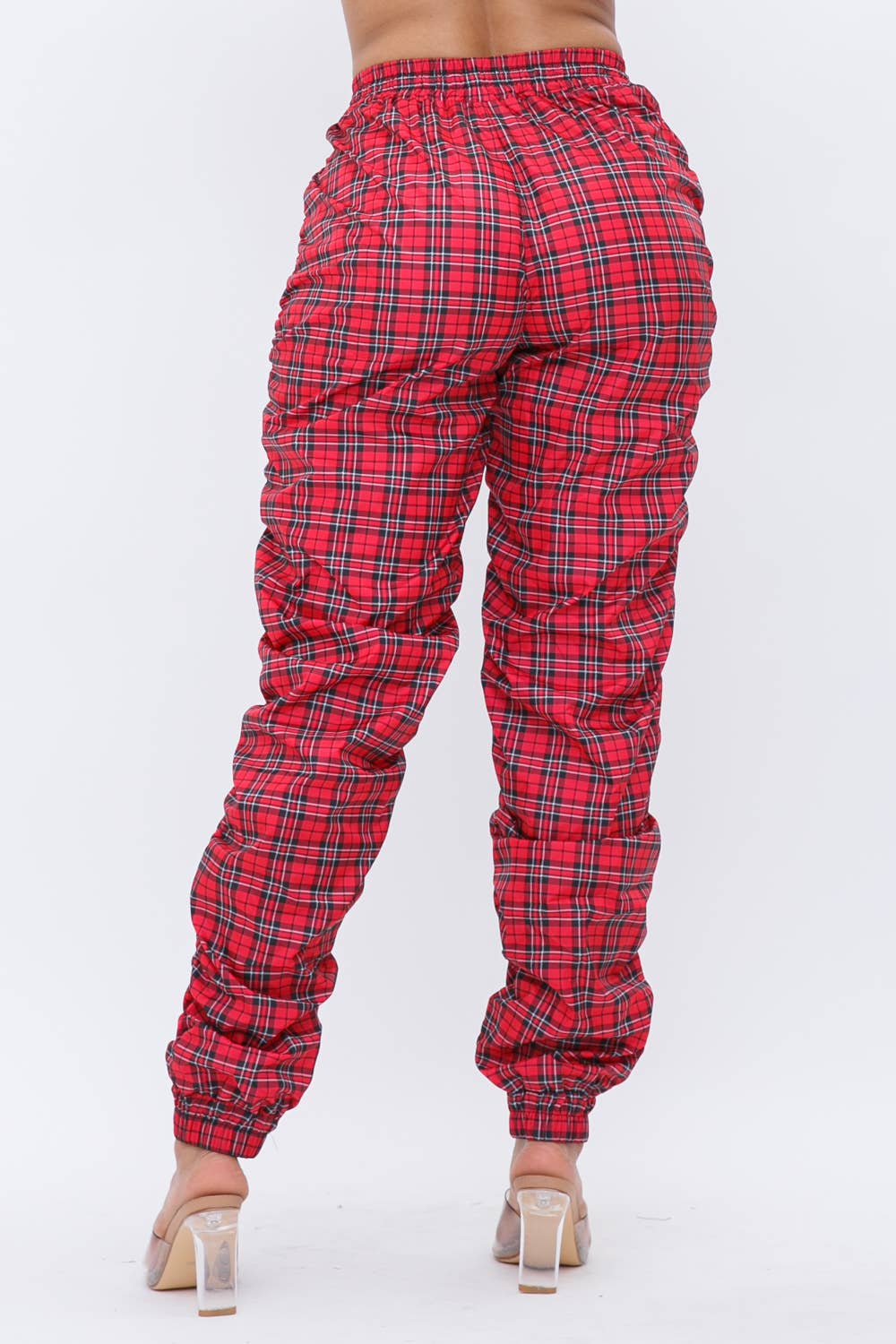 Plaid Print Wind Breaker Drawstring Shirring Jogger Pants