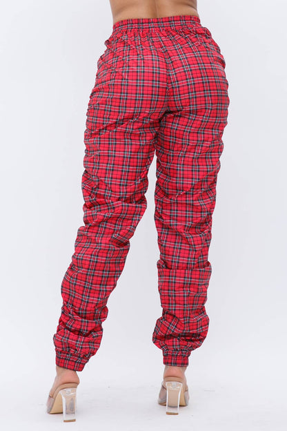 Plaid Print Wind Breaker Drawstring Shirring Jogger Pants
