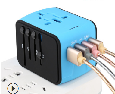 Blue universal travel adapter with multiple plug types and four USB charging ports connected to cables