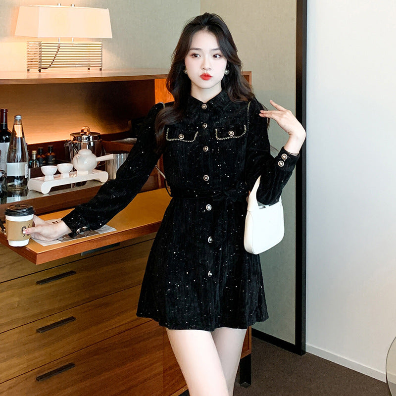 NEW Spring New Light Luxury High Sense Retro Waist-controlled Slimming Small Corduroy Dress