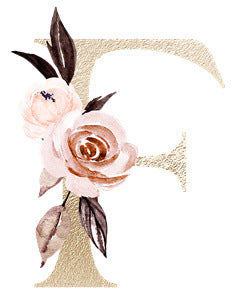 Gold letter F with pink roses and brown leaves floral design on white background