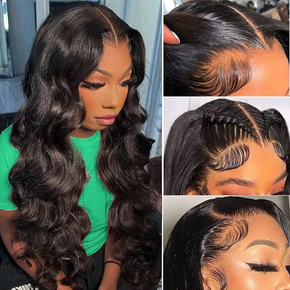 Black woman with long wavy hair styled with sleek baby hairs and middle part, detailed hairline close-ups