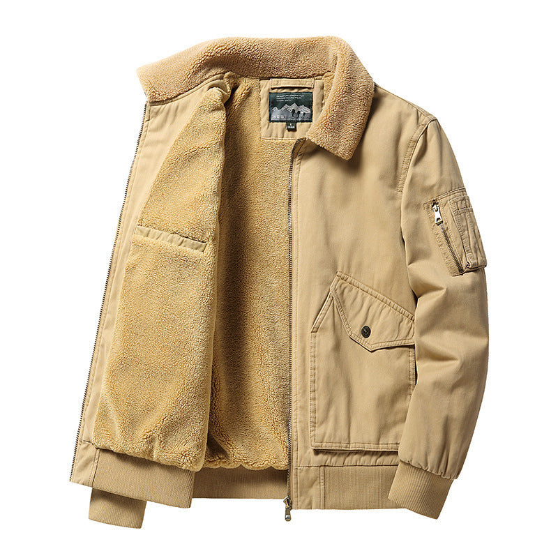Beige winter jacket with soft sherpa lining, front flap pocket, and zippered sleeve pocket
