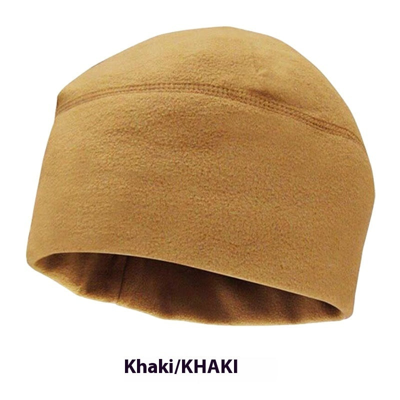 Khaki fleece beanie hat with visible seam detail on white background