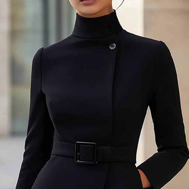 Women’s Stand Collar Slim Midi Dress – High Waist Belt, Long Sleeve Elegant Office Wear