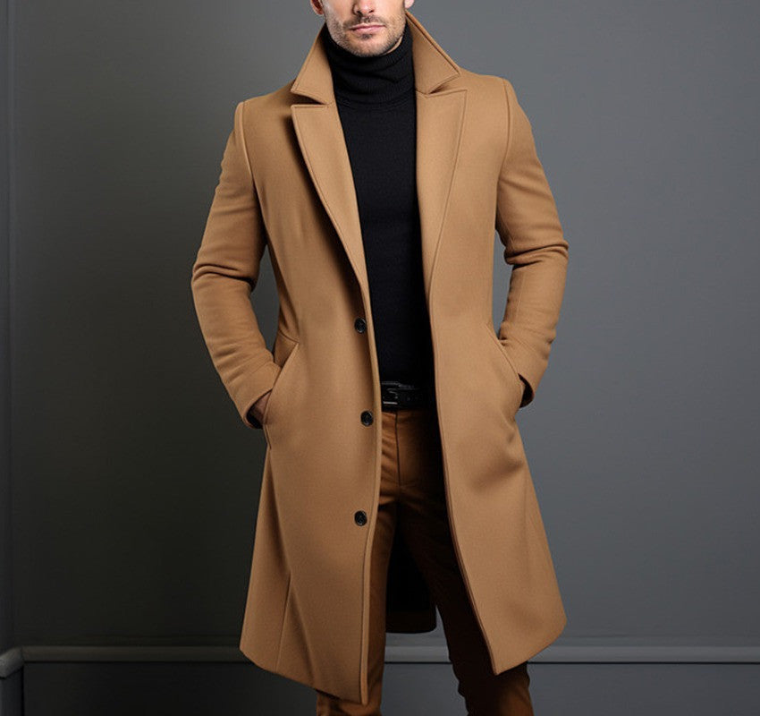 Men’s British Style Woolen Coat – Classic Winter Jacket, Straight Hem Mid-Length Coat with Polyester Lining