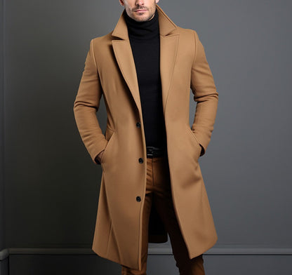 Men’s British Style Woolen Coat – Classic Winter Jacket, Straight Hem Mid-Length Coat with Polyester Lining