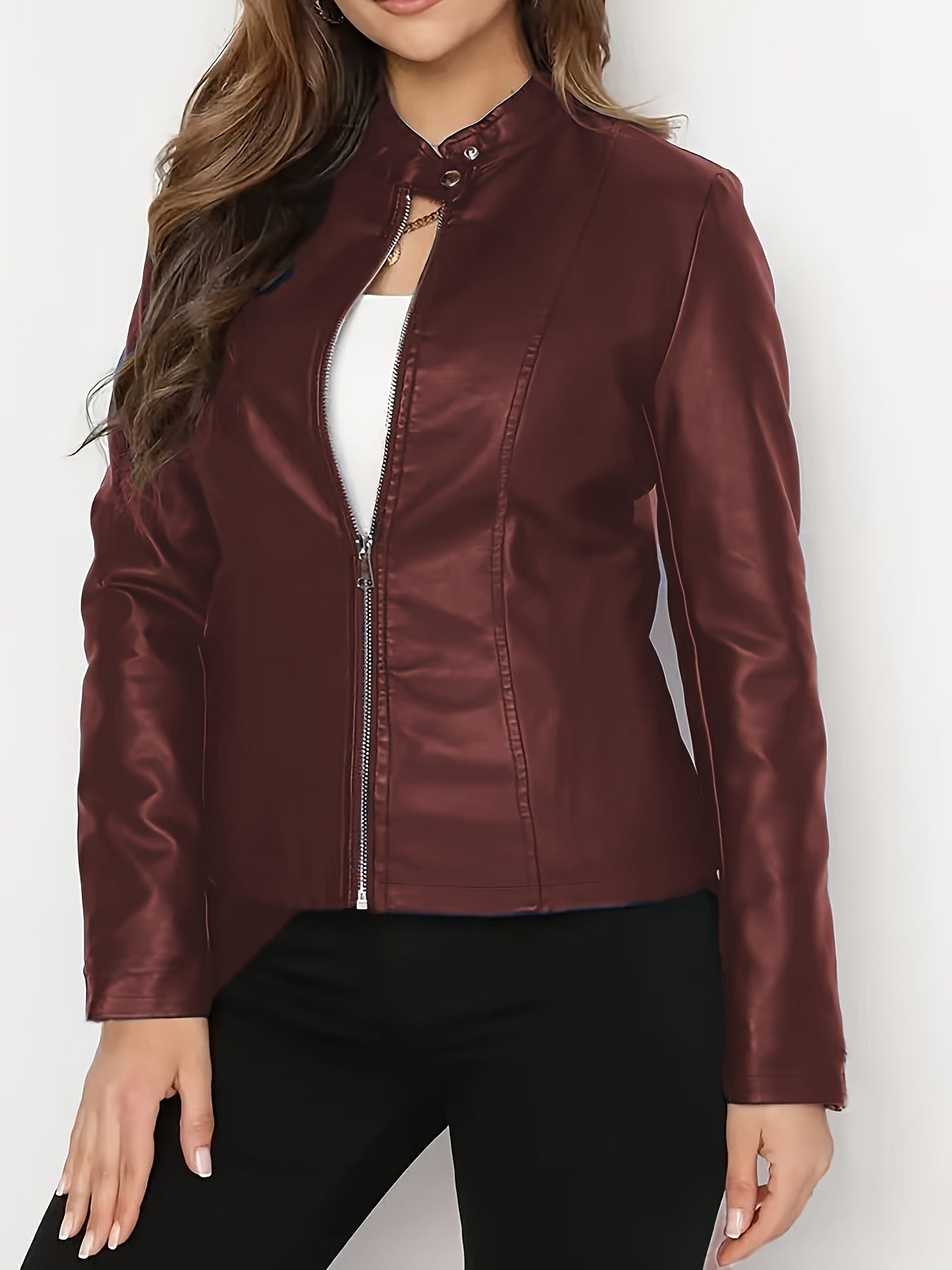 Women’s Elegant Short PU Leather Jacket – Long Sleeve Cropped Commuter Coat (S–XXL)