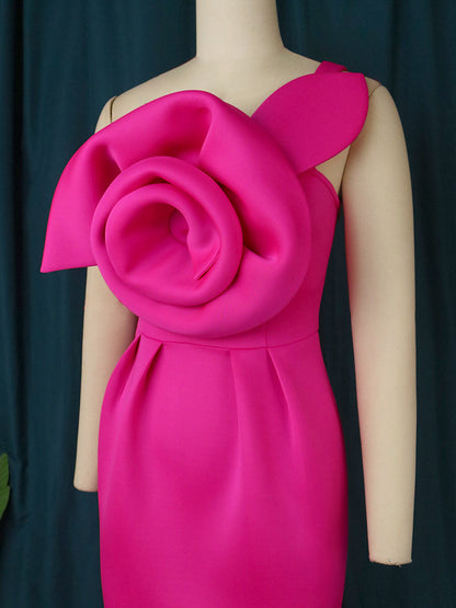 NEW One-shoulder Diagonal Collar Three-dimensional Flower Dress For Women