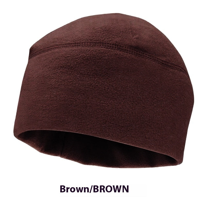 Brown fleece beanie hat with soft texture and simple seam design
