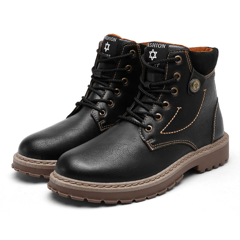Black leather lace-up fashion boots with brown soles and decorative stitching