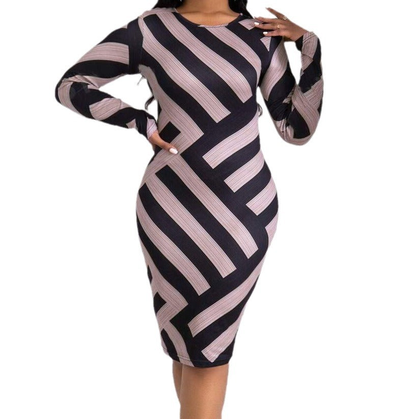 NEW Plus Size Striped Commuter Sheath Round Neck Design Sense Dress