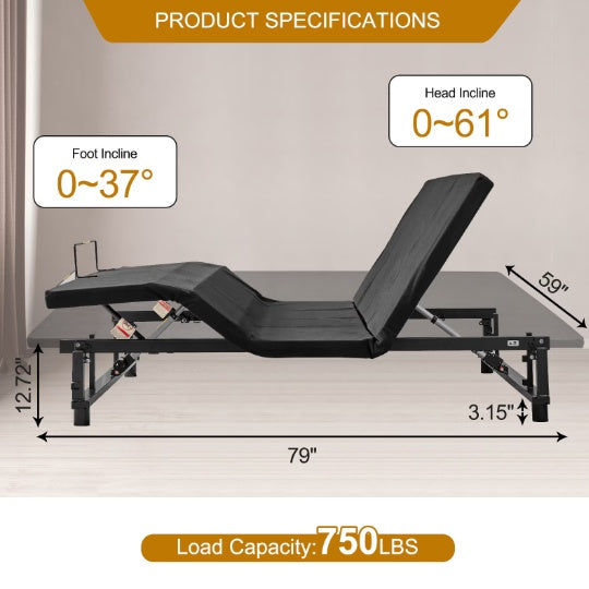 Adjustable Bed Base Frame Queen Bed Frame With Head And Foot Incline Wireless Remote 4 Ports USB, Under-Bed Nightlights, Zero Gravity Quiet Motor Black Queen