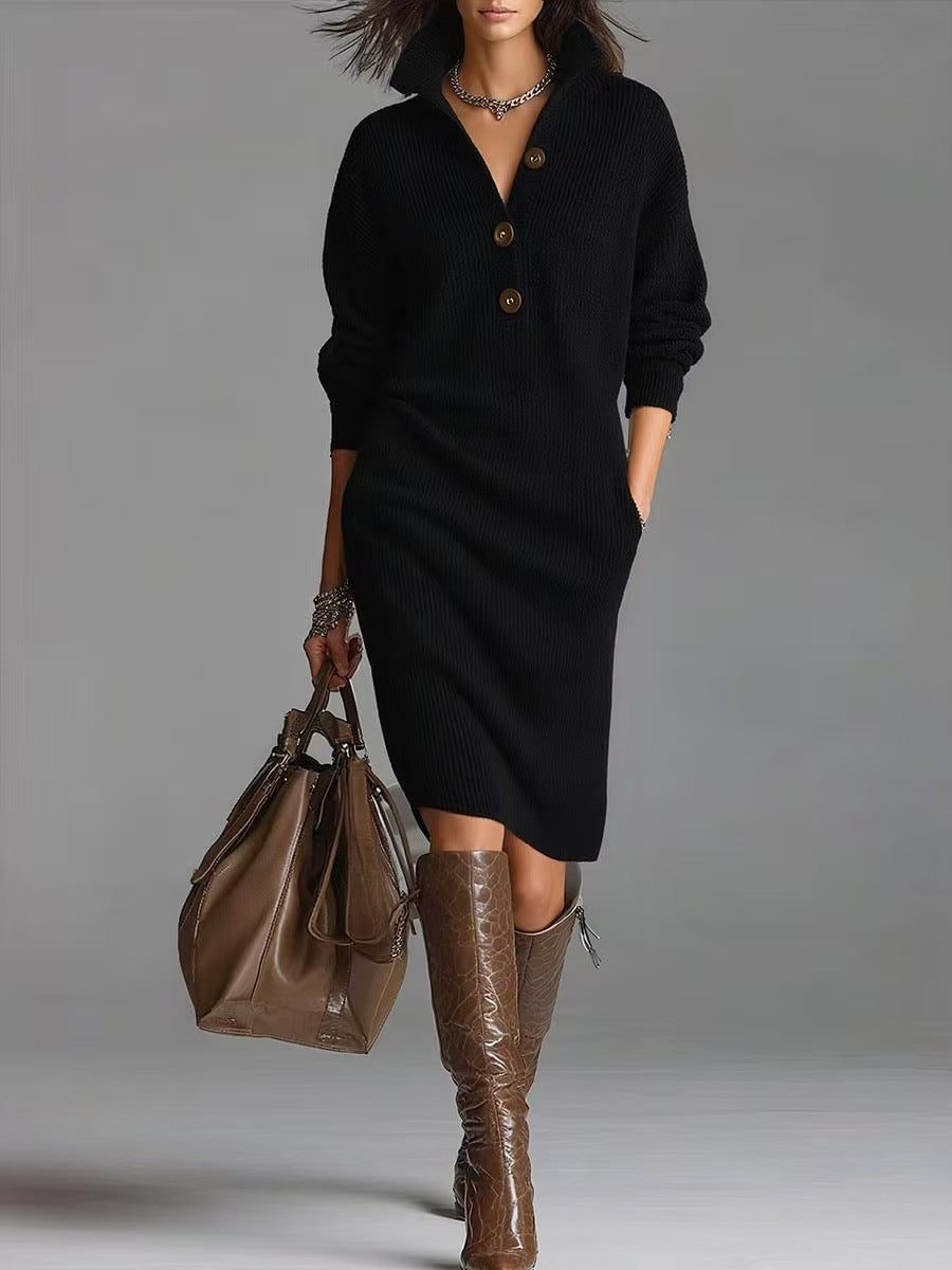 Woman in black buttoned sweater dress with brown knee-high boots and large brown leather handbag