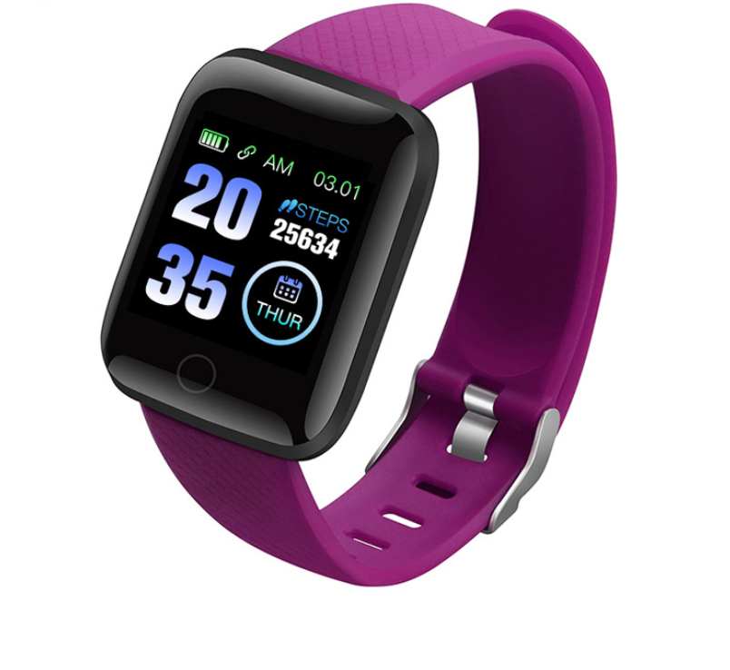 Purple smart fitness watch showing time, date, steps counter, and battery status on screen