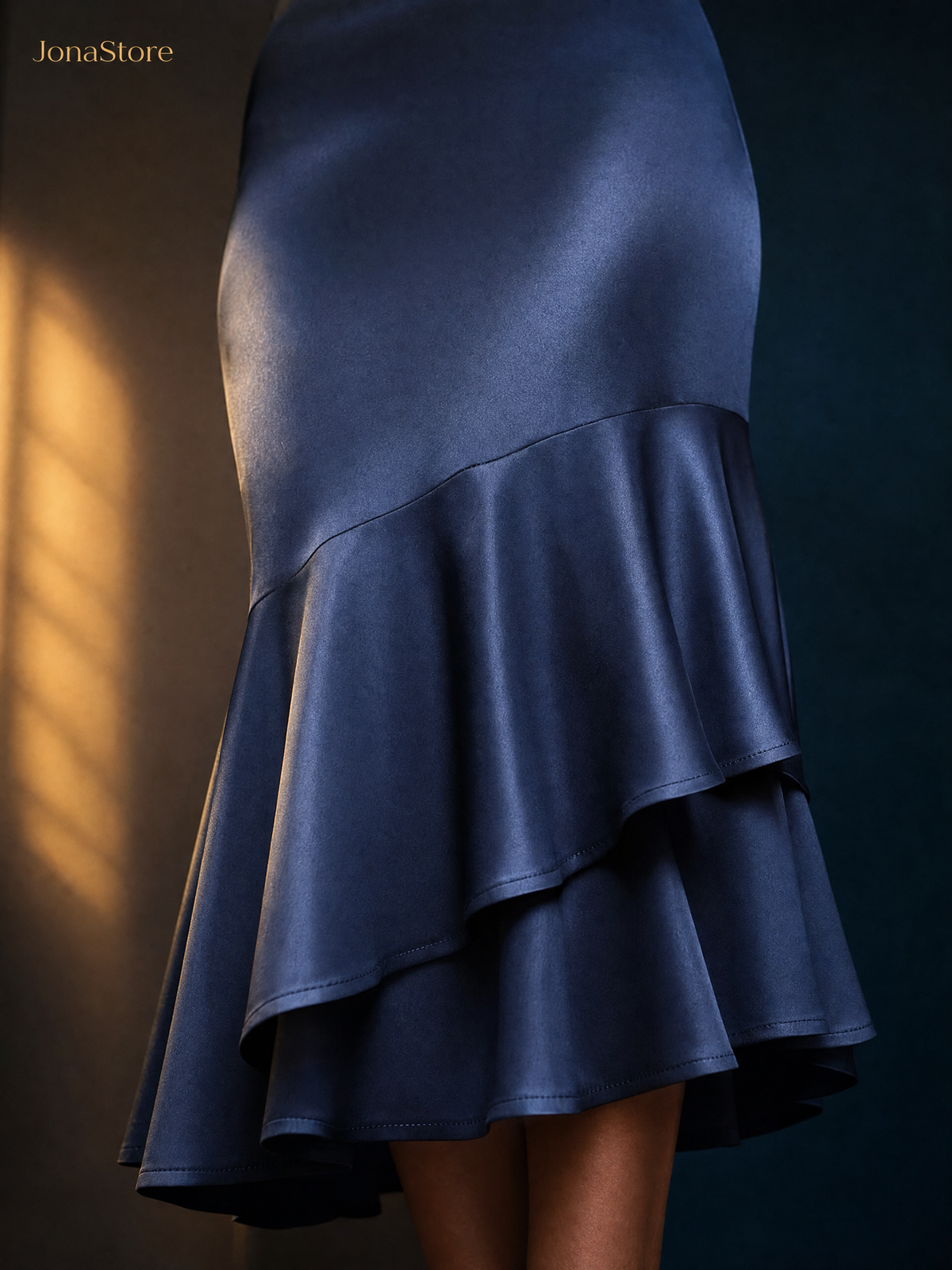 Women’s Navy Blue Midi Dress with Layered Ruffle Hem