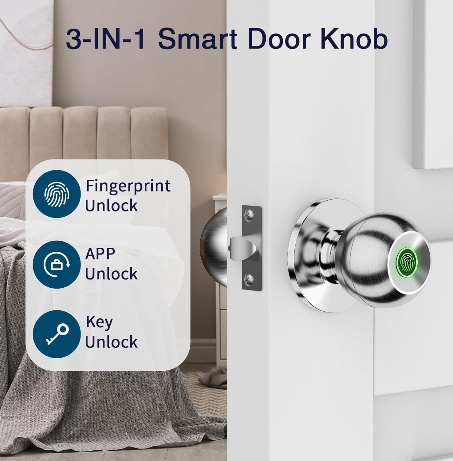 GHome Smart Door Knob Fingerprint Door Lock Rechargeable Smart Lock Electronic Biometric Door Lock For Bedroom, App Control, Suitable For Bedroom Home, Offices, Garages, Hotels, Apartments