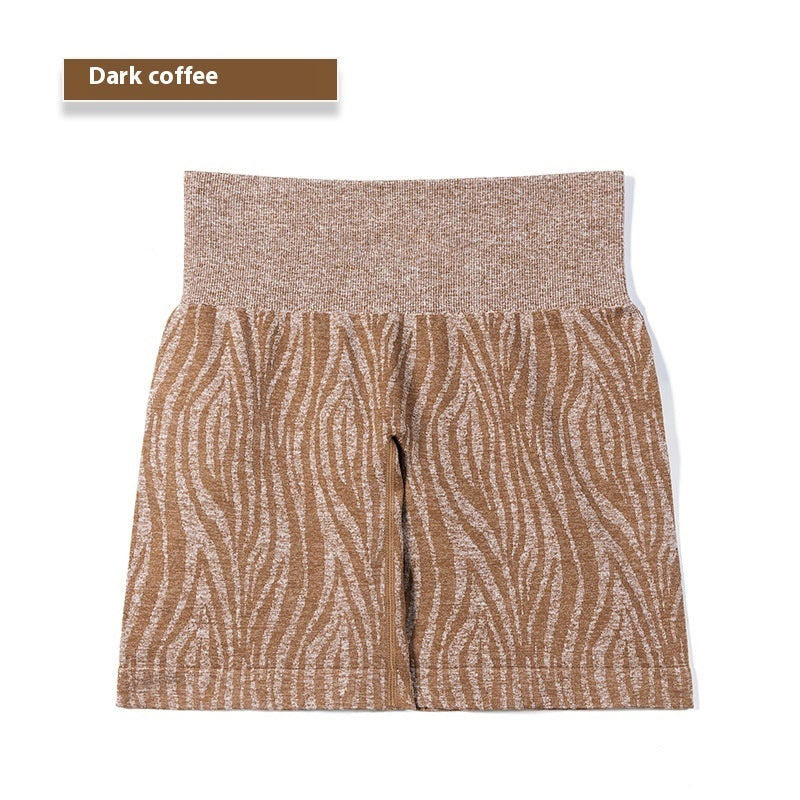 Dark coffee knit skirt with textured wave pattern and wide waistband on white background