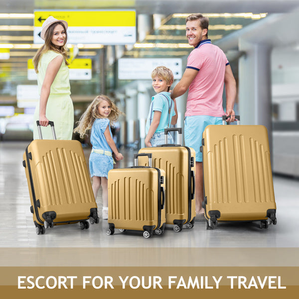 Happy family with matching gold suitcases at airport terminal ready for travel