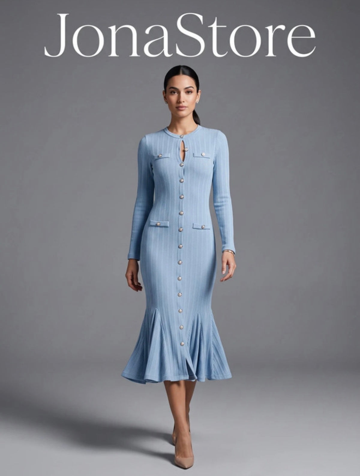 Powder Blue Ribbed Knit Midi Dress with Flare Sleeves & Gold Buttons