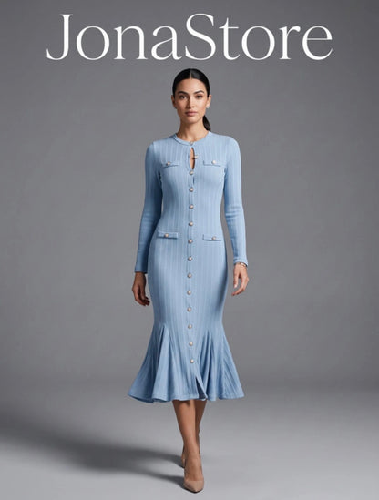 Powder Blue Ribbed Knit Midi Dress with Flare Sleeves & Gold Buttons