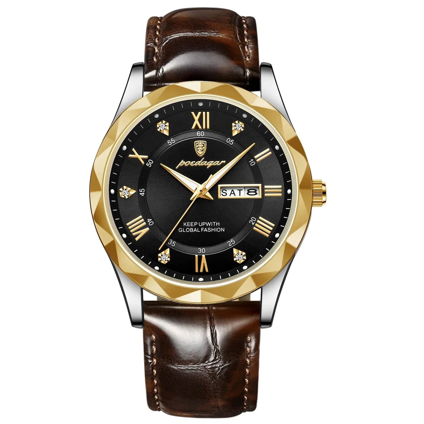 Luxury men's wristwatch with black dial, gold bezel, Roman numerals, date display, and brown leather strap