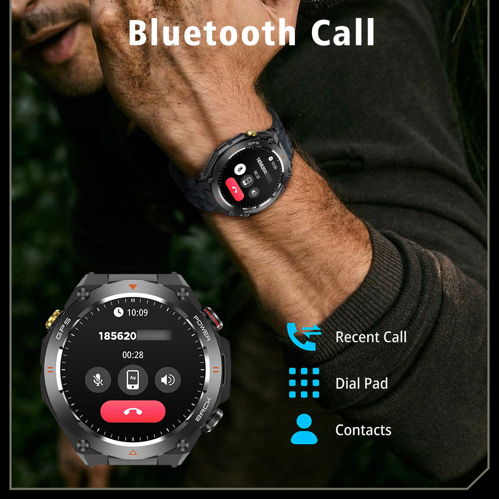 Smartwatch with Bluetooth call feature showing call interface, worn on wrist of man in dark clothing