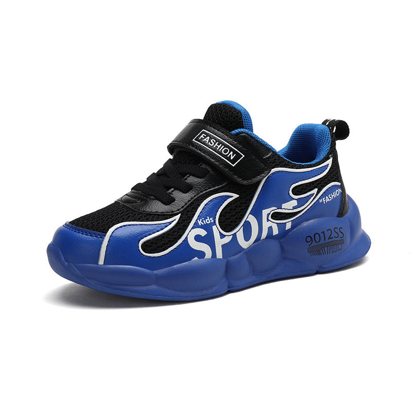 Blue and black kids sport sneaker with flame design, Velcro strap, and cushioned sole
