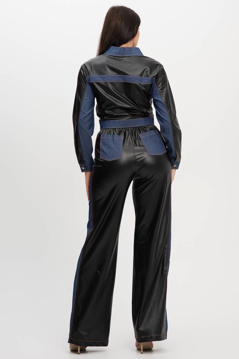 Pu Fabric Denim Contrast Jackets And Pants Set