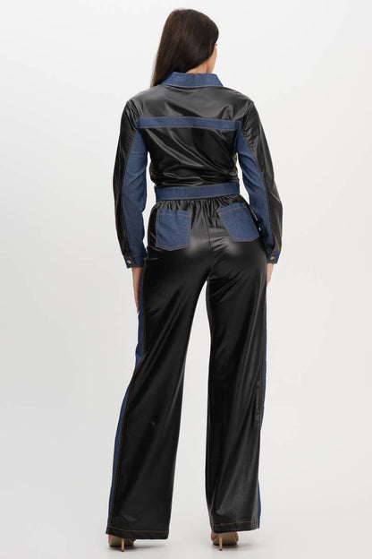 Pu Fabric Denim Contrast Jackets And Pants Set