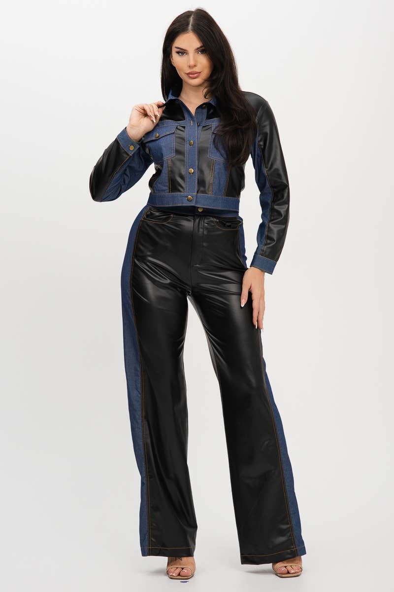 Pu Fabric Denim Contrast Jackets And Pants Set