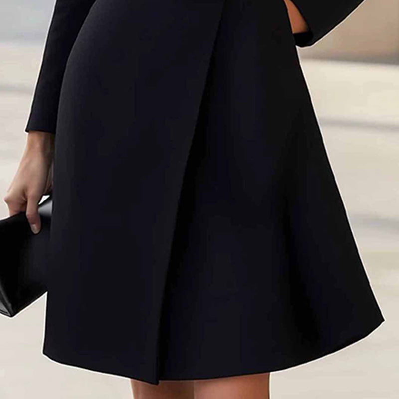 Women’s Stand Collar Slim Midi Dress – High Waist Belt, Long Sleeve Elegant Office Wear