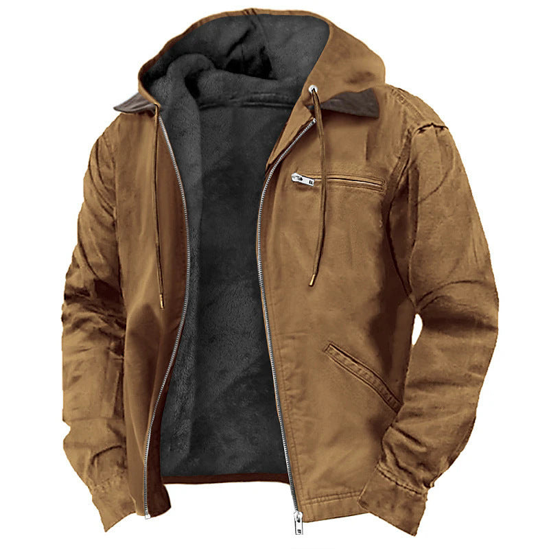 Brown men's zip-up jacket with black fleece lining and hood, featuring front pockets and drawstrings