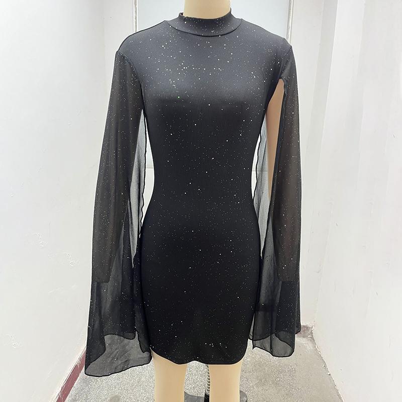 Women’s Glitter Bodycon Mini Dress with Mock Neck & Cloak Sleeves – Party & Evening Cocktail Dress